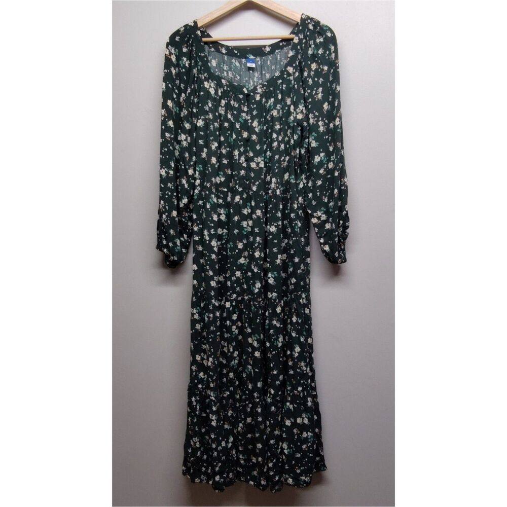 Old Navy Midi Dress Women M Green Floral Autumn Cottagecore Bohemian Peasant
